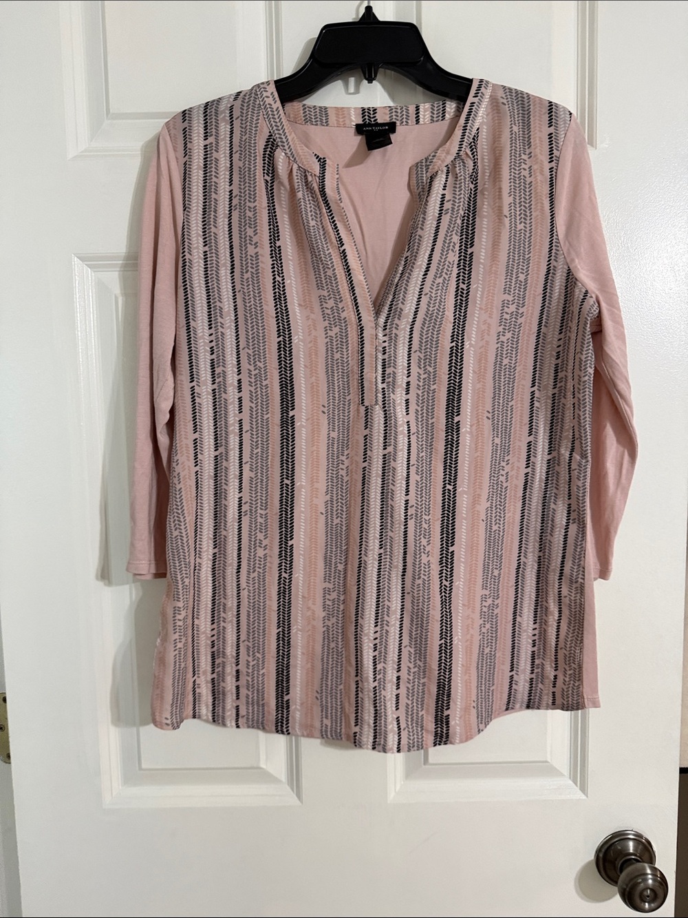 Ann Taylor Pink and Black Vertical-Stripe V-Slit Tunic